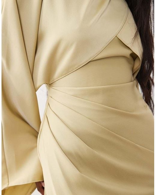 ASOS Natural Draped Long Sleeve Cross Front High Neck Satin Maxi Dress