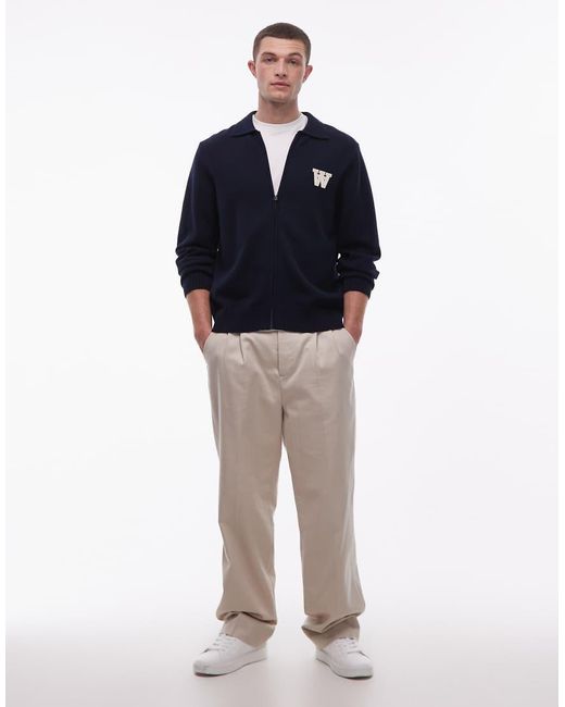 DOUBLE A by WOOD WOOD Blue 100% Cotton Logo Zip Up Collar Cardigan for men