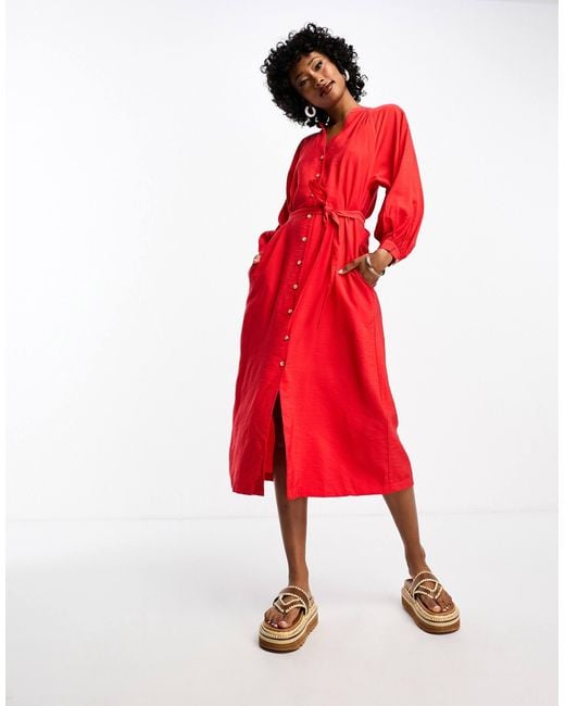 Whistles Red Lizzie Button Front Midi Dress With Tie Up Waist
