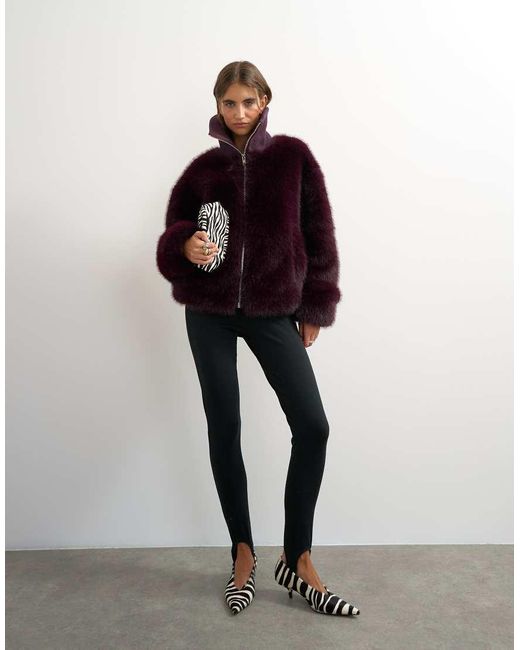 TOPSHOP Red Faux Fur Funnel Neck Jacket
