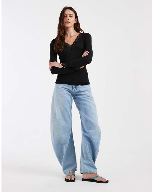 Vero Moda Black V-neck Long Sleeve T-shirt With Lace Trim