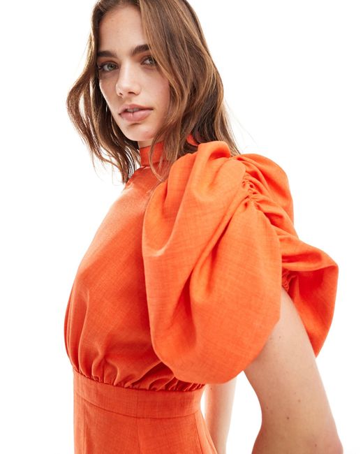 Robe courte à col montant et manches bouffantes avec jupe moulante ASOS en coloris Orange