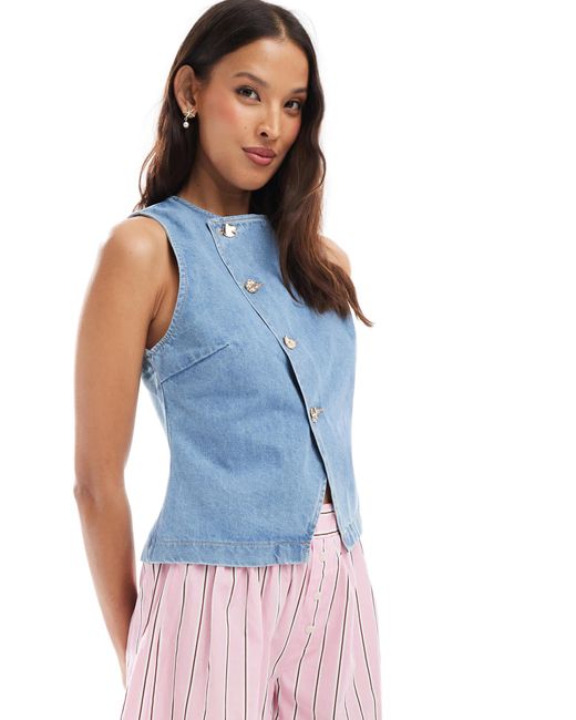 ASOS Blue Asymmetric Cross Front Top With Gold Buttons