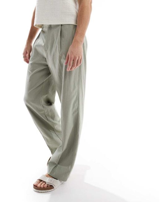ASOS Gray Smart Wide Leg Linen Blend Trousers With Front Pleat for men