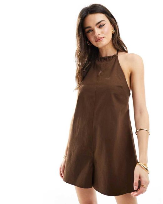 ASOS Brown Halter Neck Playsuit With Bra Strap Back Detail