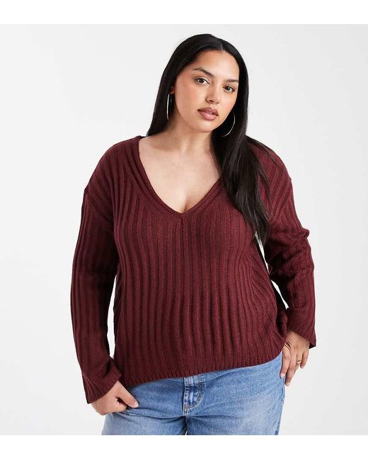 Brave Soul Red Plus Deep V-neck Ribbed Jumper