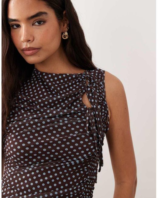 Ghospell Brown Mesh Overlay Sleeveless Ruched Detail Slinky Midi Dress