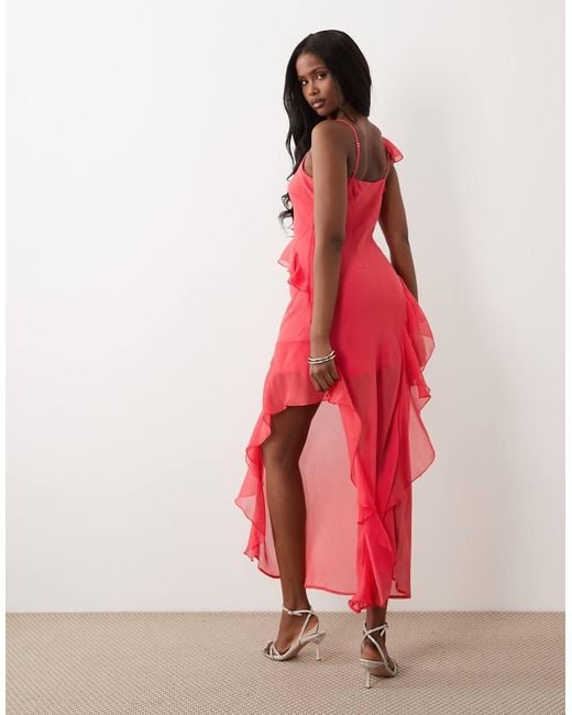 New Look Pink Asymmetric Chiffon Ruffle Midi Dress