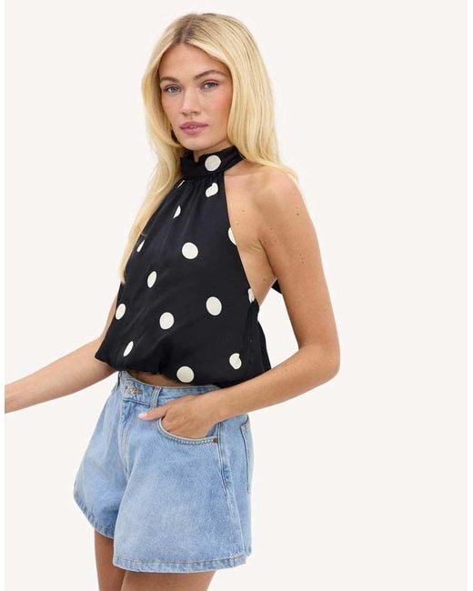 Loavies Blue Go Your Own Way Halter Top With Off- Polka Dots