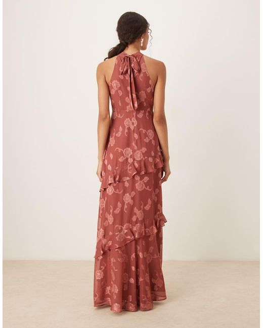 Maya Red Floral Jacquard Halter Neck Maxi Dress