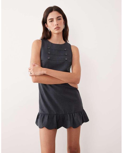 Motel Gray Saraya Button Detail Pinafore Ruffle Edged Dress