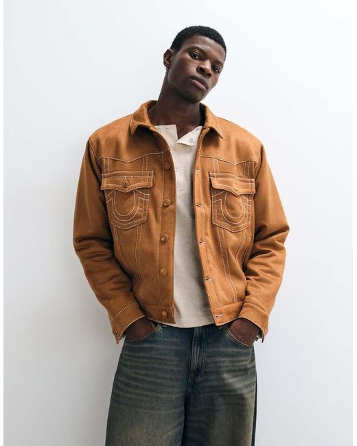 True Religion Brown Ultrasuede Oversized Fit Jimmy Trucker Jacket for men