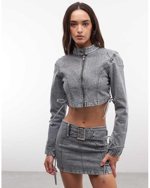 Liquor N Poker Gray Snap Collar Cropped Denim Biker Jacket With Tie Detail