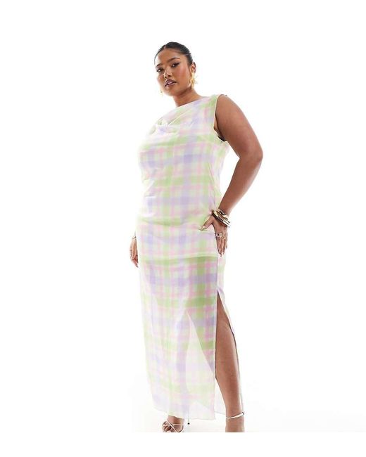 Renee Studio White Exclusive Mesh Cowl Neck Sleeveless Sheer Hem Midi Dress