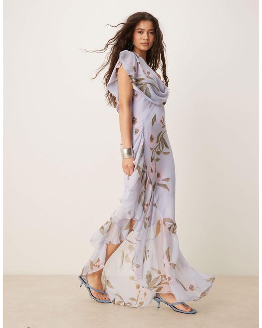 ASOS Cowl Neck Bias Midaxi Dress With Asymmetric Pephem in Natural | Lyst