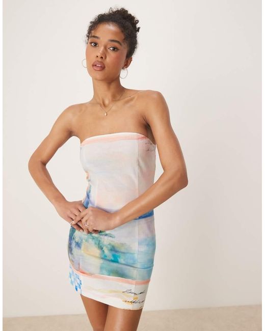 Vestido Corto Con Estampado De Postales Lavado Y Escote Palabra De Honor De Lino De (Parte De Un Conjunto) ASOS de color Multicolor