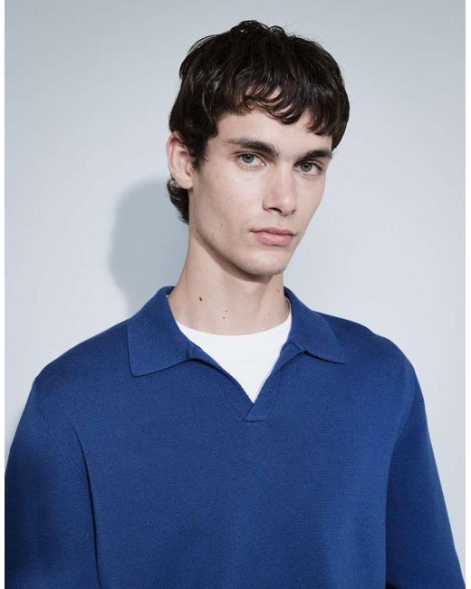 ASOS Blue Relaxed Compact Knit Notch Neck Polo Shirt for men