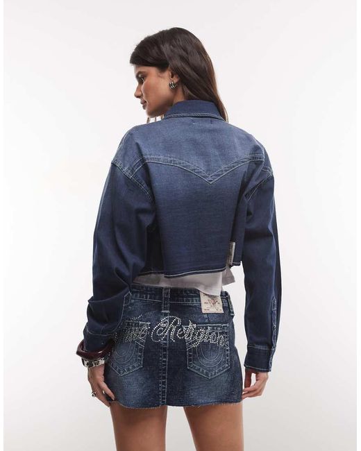 True Religion Blue Embellished Crystal Script Logo Cropped Denim Shirt