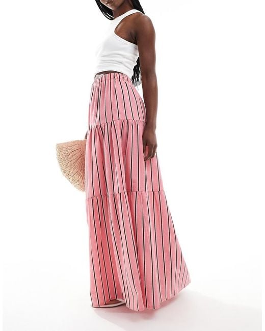 Wednesday's Girl Pink Striped Tiered Maxi Skirt