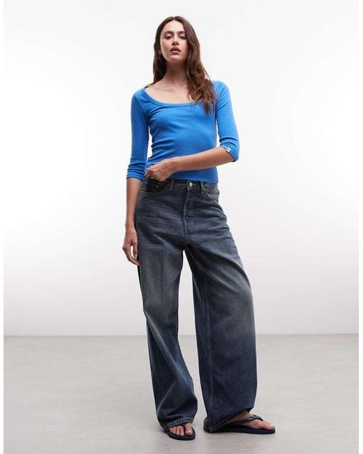 Collusion Blue Scoop Neck 3/4 Length Sleeve Top