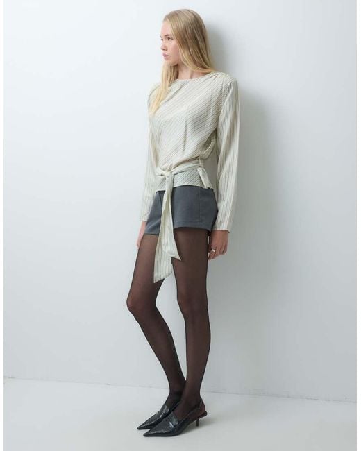Mango Gray Tie Waist Long Sleeve Top