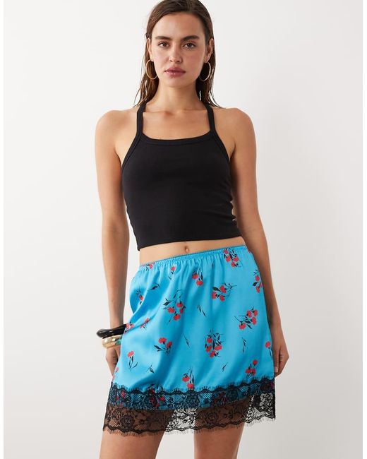 ASOS Blue Lace Trim Satin Mini Skirt