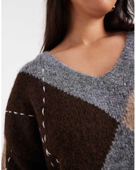 Vero Moda Gray Oversized Argyle Knitted Jumper