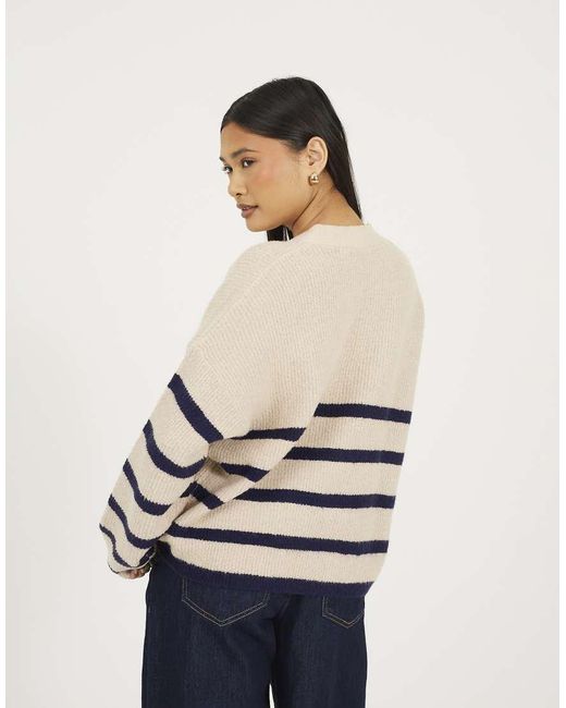 Brave Soul Natural Stripe V-Neck Fisherman Knit Cardigan
