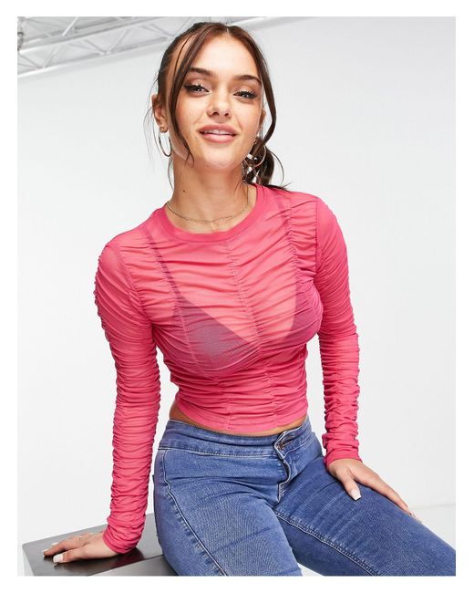 Stradivarius Ruched Mesh Top in Pink | Lyst Canada