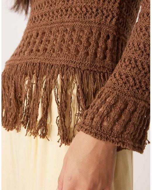 ASOS Brown Crochet Look Off Shoulder Jumper With Fringe Hem