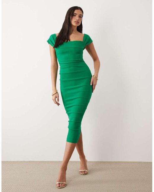 Vesper Green Bengaline Bardot Off Shoulder Bodycon Midaxi Dress