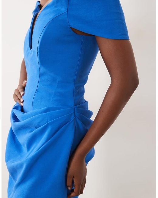 ASOS Blue Bardot Structured Plunge Mini Dress With Draped Waist