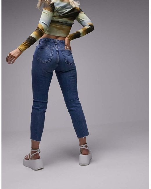 Topshop Hourglass Blue Mid Rise Straight Cropped Jeans With Raw Hems