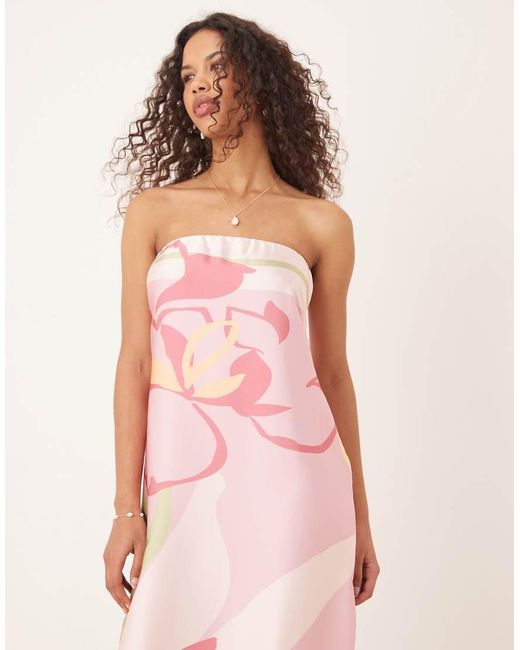 Abercrombie & Fitch Strapless Maxi Jurk Van Satijn Met Bloemenprint in het Pink