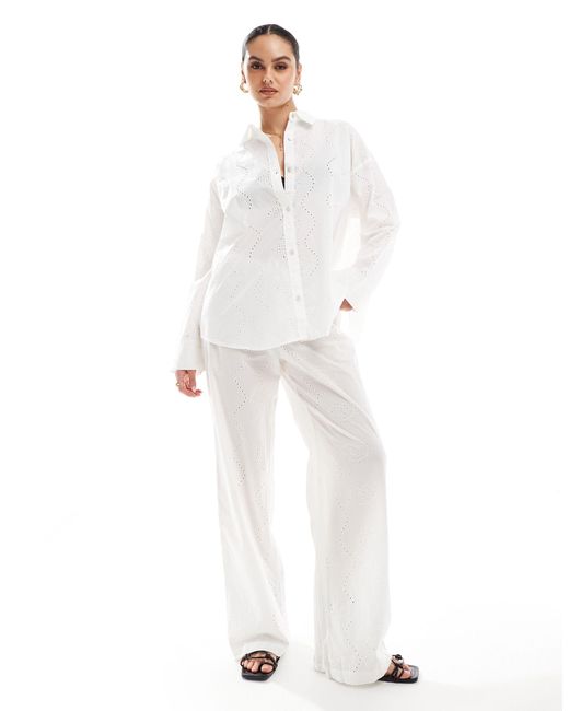 Pull&Bear White Oversized Broderie Detail Shirt Co-ord