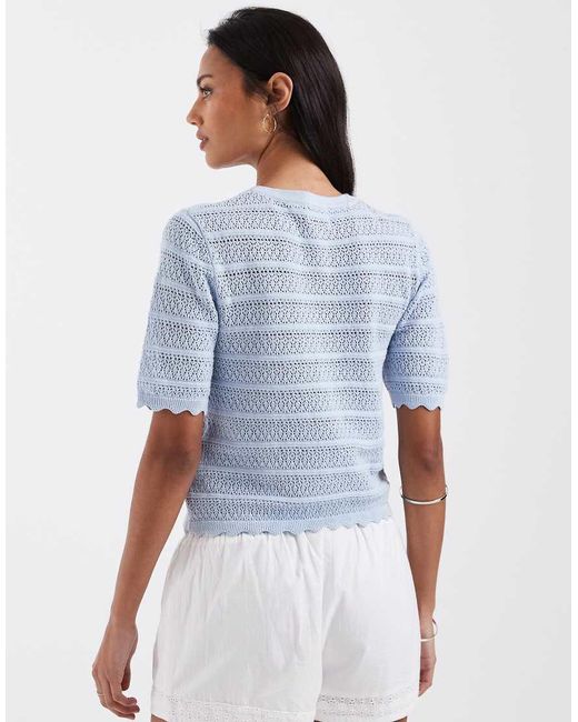 Brave Soul Blue Crochet Knit Short Sleeve Cardigan With Scallop Detail