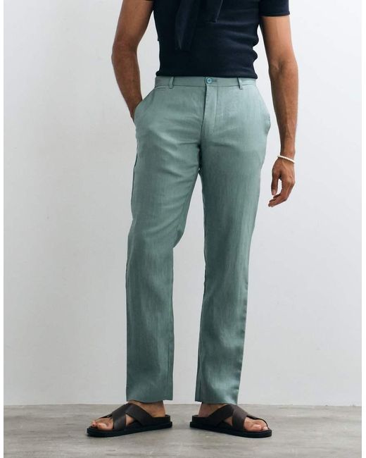 Mango Blue Straight Leg 100% Linen Trousers for men