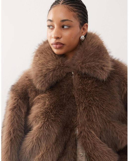 Monki Short Faux Fur Jacket in Brown | Lyst