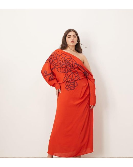 ARRANGE Red Curve Linear Embroide Floral Slouchy Shoulder Drape Midi Dress
