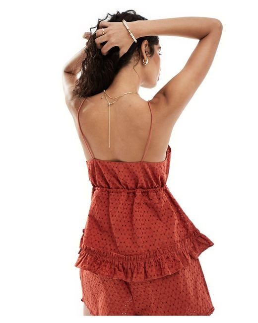 ASOS Red Broderie Peplum Ruffle Cami Top Co-ord
