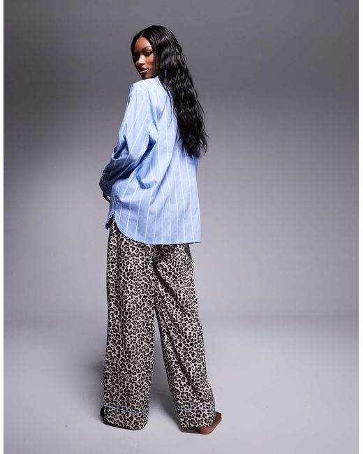 ASOS Blue Mix &match Woven Stripe And Leopard Print Pyjama Trouser