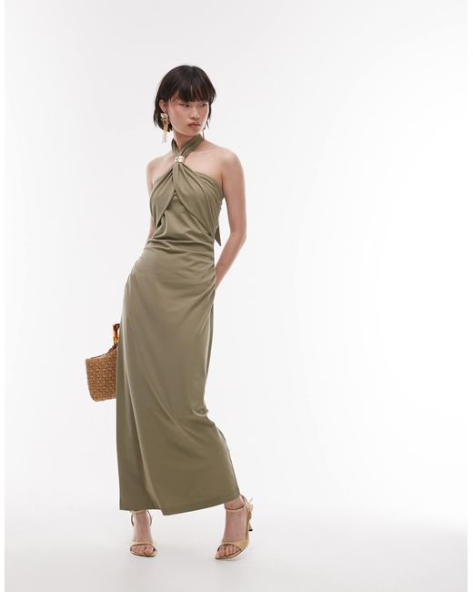 & Other Stories White Jersey Maxi Dress With Metallic Clasp Halter Neck