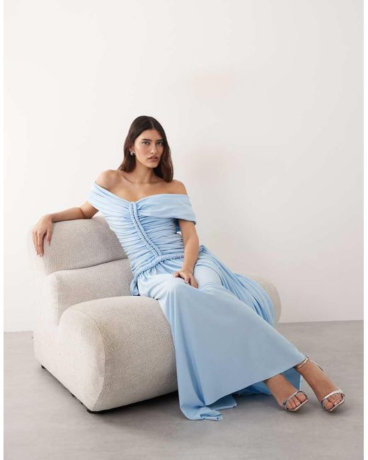 ARRANGE Blue Ruched Off The Shoulder Maxi Dress