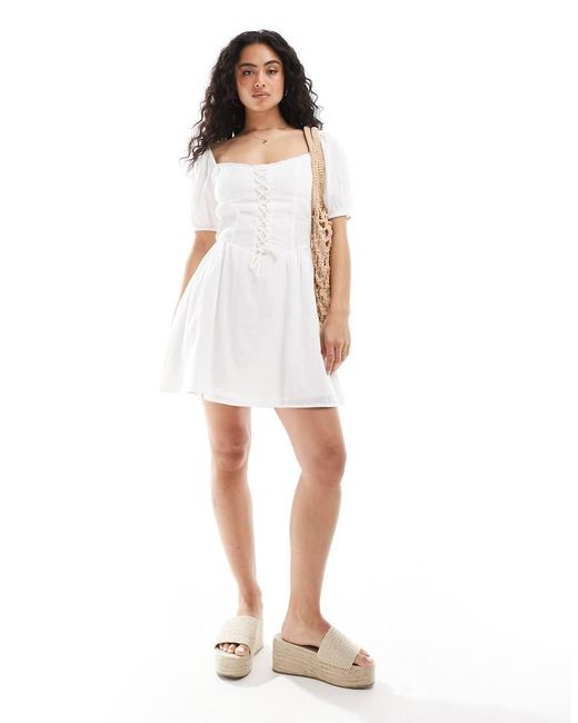 Pimkie White Lace Up Puff Sleeve Mini Dress