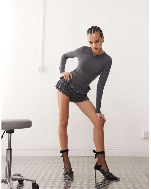 Edikted Gray Lucile Long Sleeve Ruffle Romper