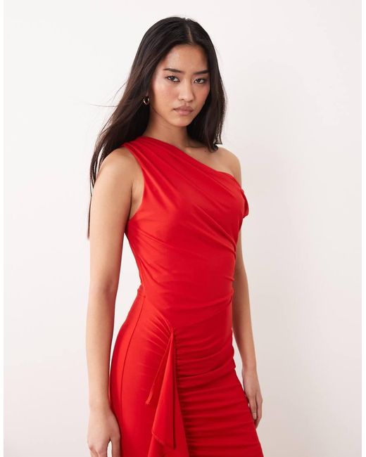 TFNC London Red Slinky Fallen Shoulder Thigh Split Ruffle Detail Midaxi Dress