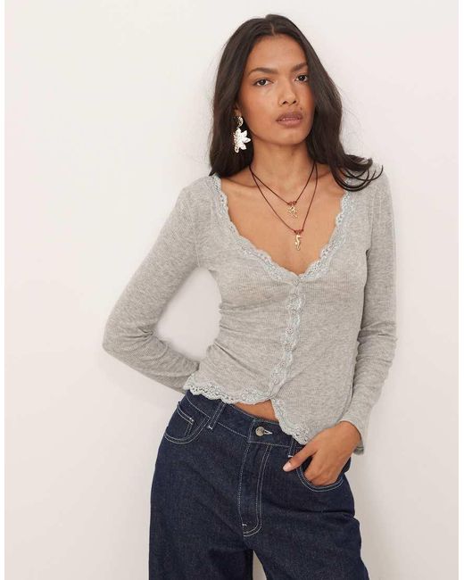 Free People Gray Big Love Lace Edge Cardigan