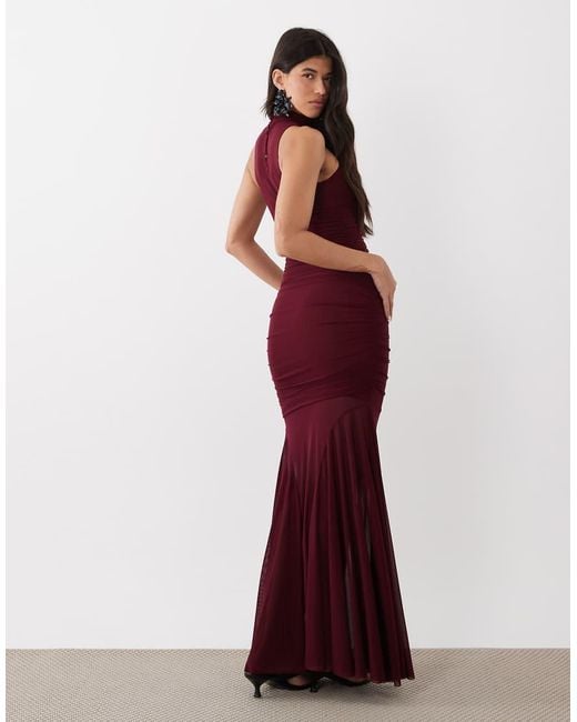 Ruched & Ready Red Sculpting Mesh High Neck Sleeveless Fishtail Sheer Hem Maxi Dress
