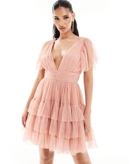LACE & BEADS Pink Madison Tiered Mini Dress