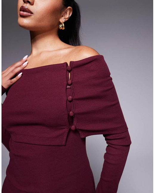 ASOS Red Bardot Rib Mini Dress With Button Detail